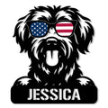 Custom Schnoodle metal sign featuring a shaggy dog portrait wearing patriotic sunglasses
