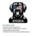 Schnoodle metal sign feature graphic showing the dog portrait and indoor or outdoor display benefits