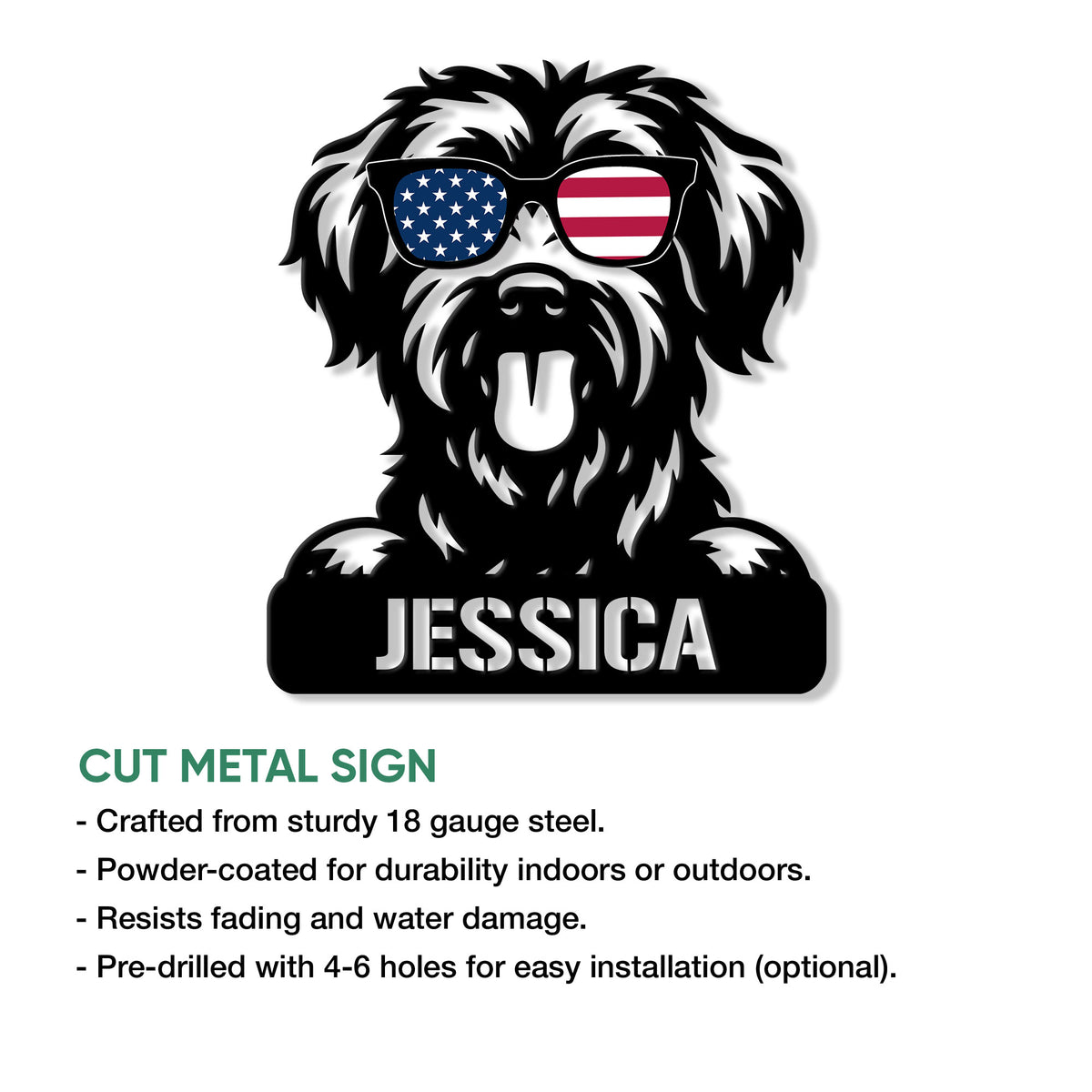 Schnoodle metal sign feature graphic showing the dog portrait and indoor or outdoor display benefits
