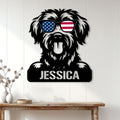 Schnoodle dog wall sign displayed on a white paneled wall above a rustic console table