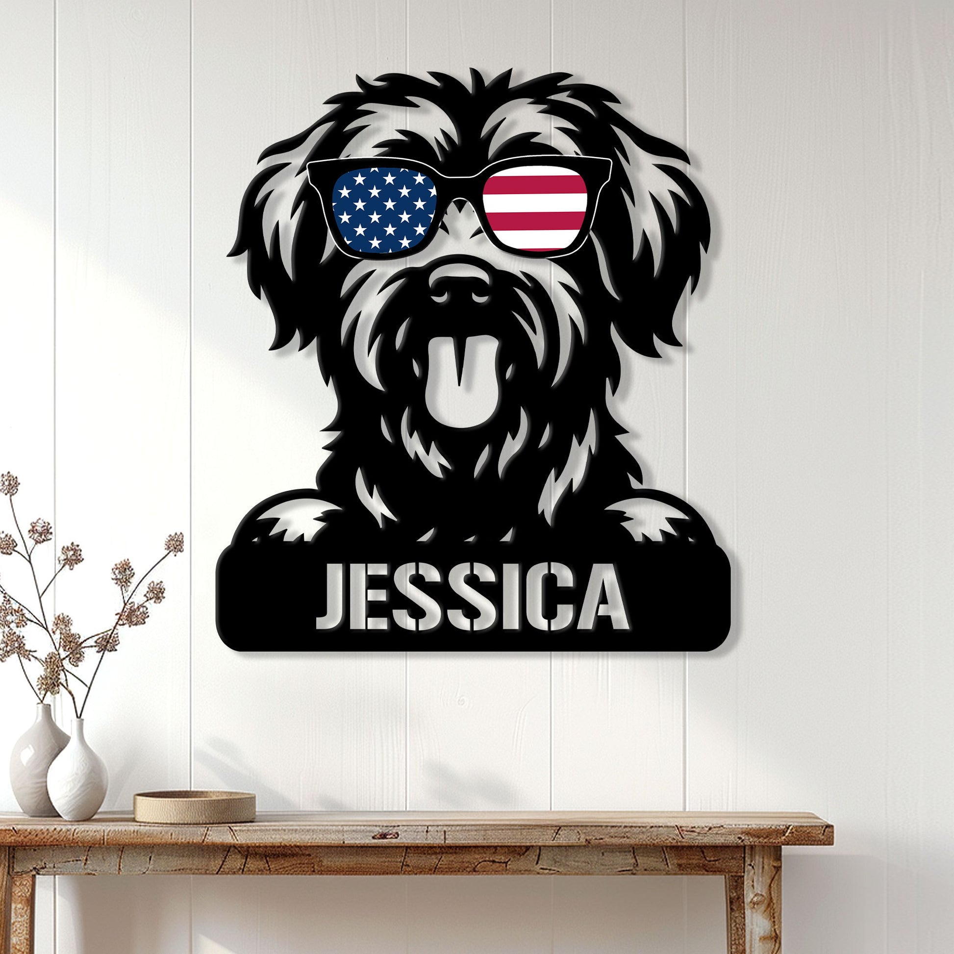 Schnoodle dog wall sign displayed on a white paneled wall above a rustic console table
