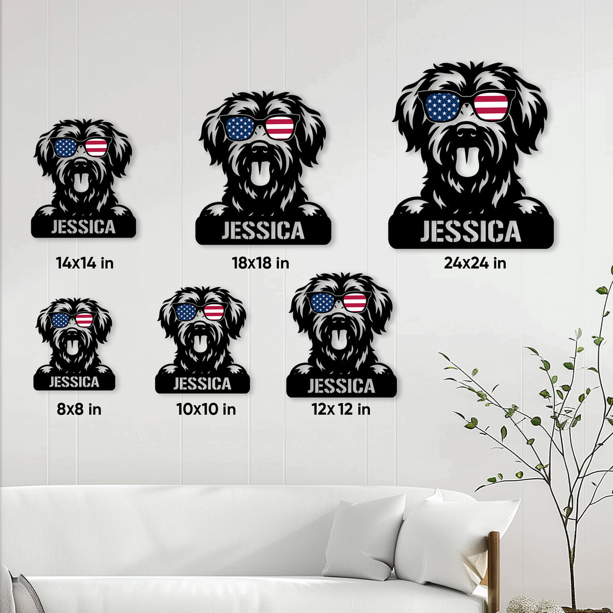 Schnoodle metal sign size guide showing six square size options from 8 by 8 to 24 by 24 inches