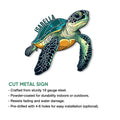 Colorful sea turtle cut metal sign shown as an ocean-inspired wall decor design