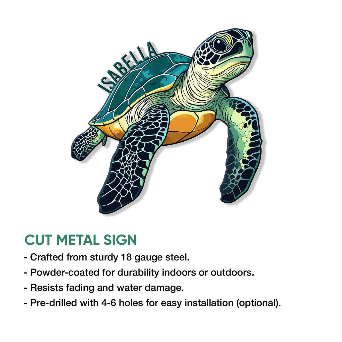 Colorful sea turtle cut metal sign shown as an ocean-inspired wall decor design