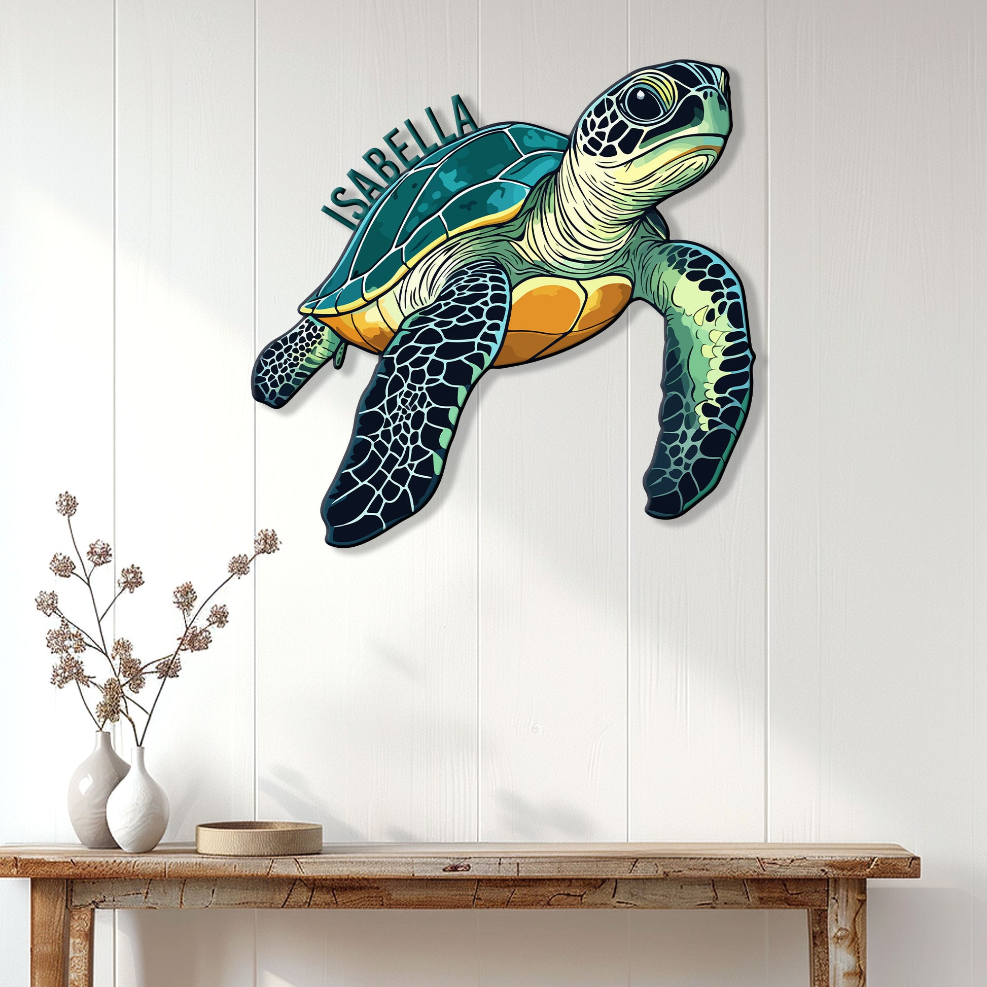 Sea turtle metal wall art displayed on a white paneled wall above a console table