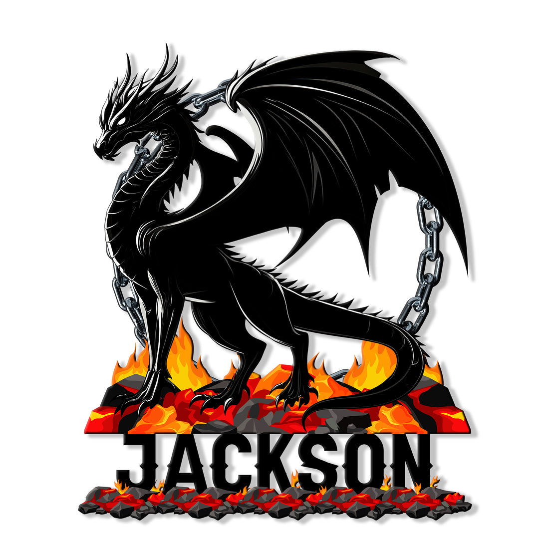 Black dragon metal sign standing over fiery volcanic rocks with dramatic wings and chain details