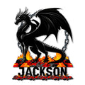Black dragon metal sign standing over fiery volcanic rocks with dramatic wings and chain details