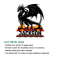 Dragon cut metal sign featuring a winged black dragon, flames, volcanic rocks, and hanging chain accents