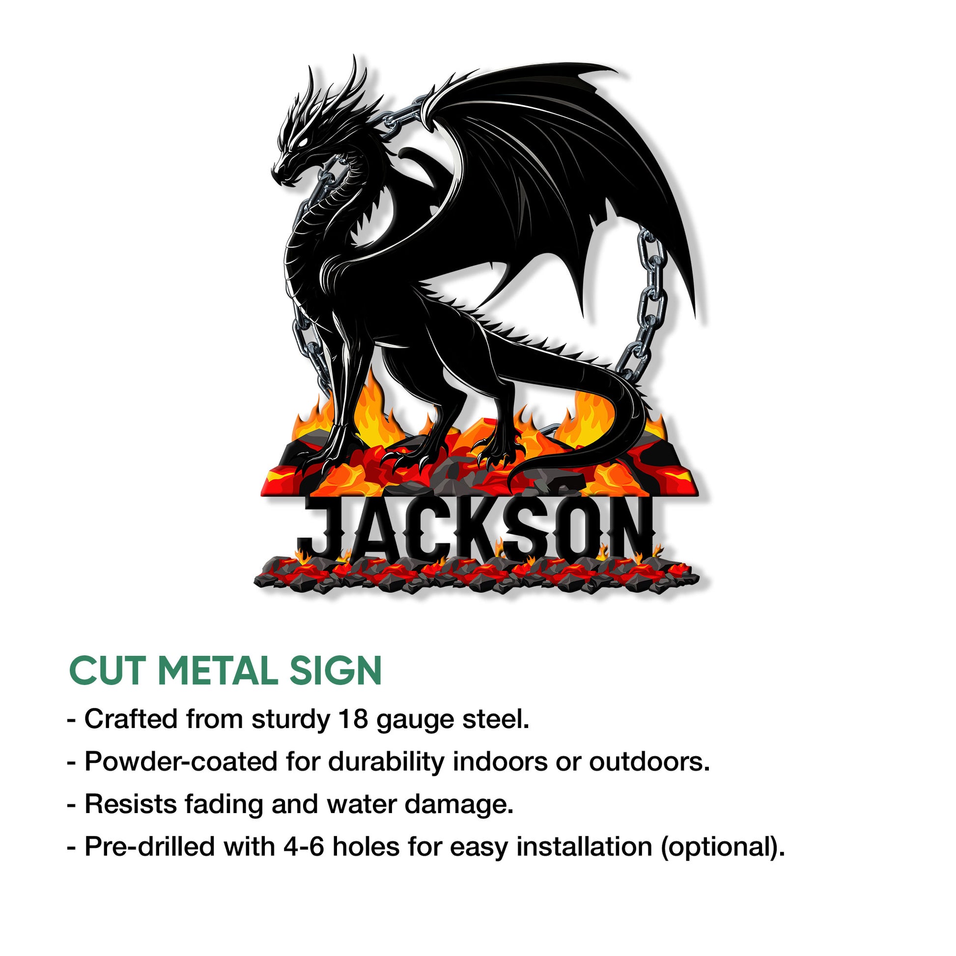 Dragon cut metal sign featuring a winged black dragon, flames, volcanic rocks, and hanging chain accents