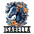 Floral horse head metal sign featuring a blue equine portrait surrounded by bold orange and blue flowers