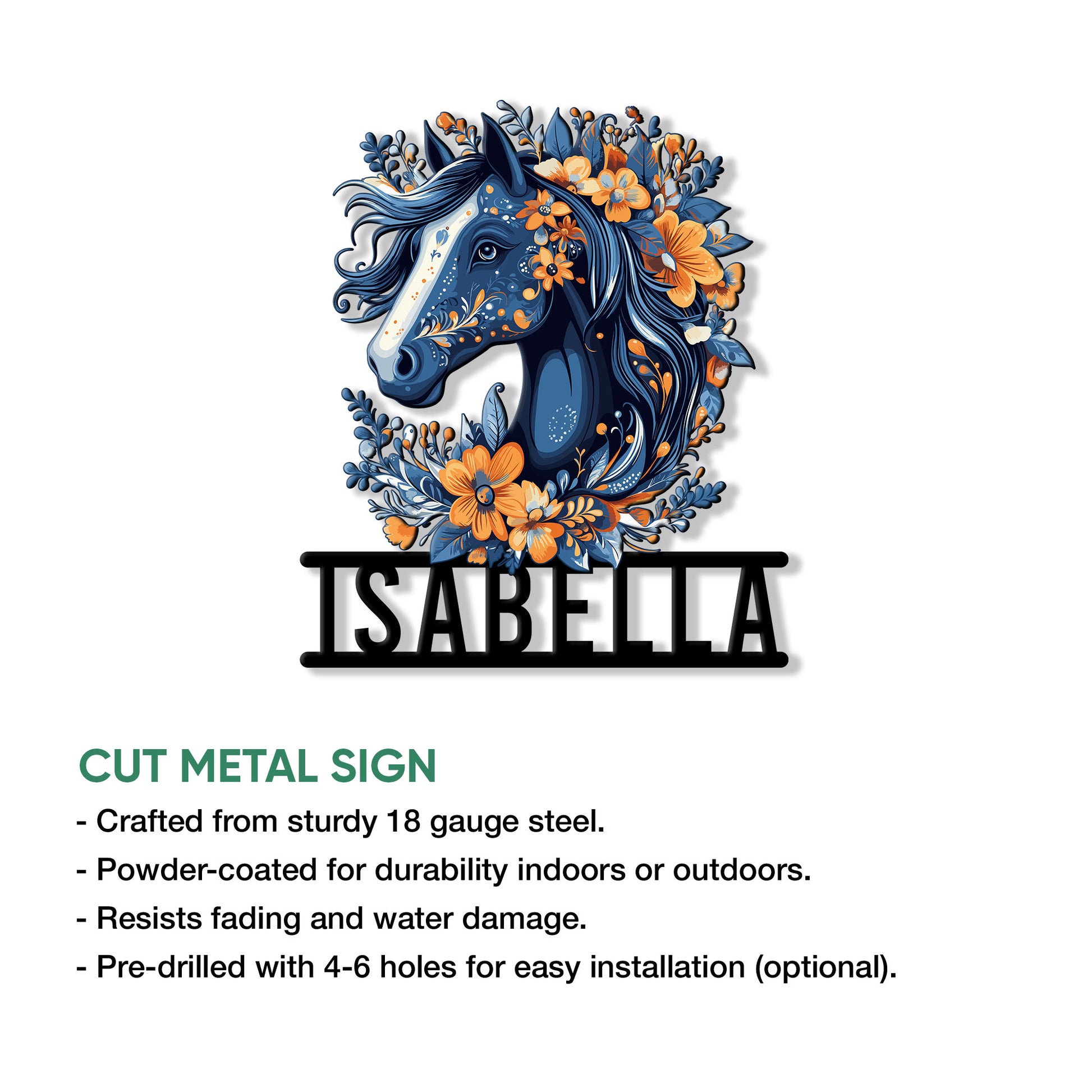 Horse metal sign product graphic showing a floral equine design with cut metal sign features