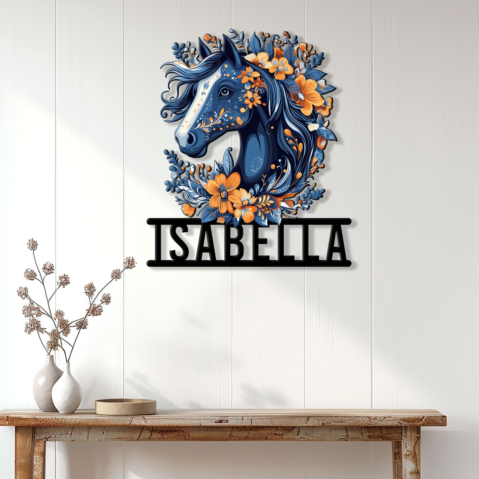 Floral horse wall sign displayed on a light paneled wall above a rustic console table