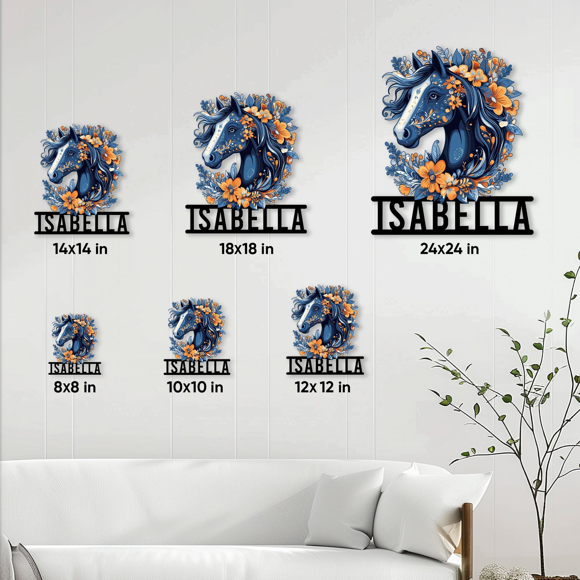 Horse metal sign size guide showing available square sizes from 8 by 8 to 24 by 24 inches