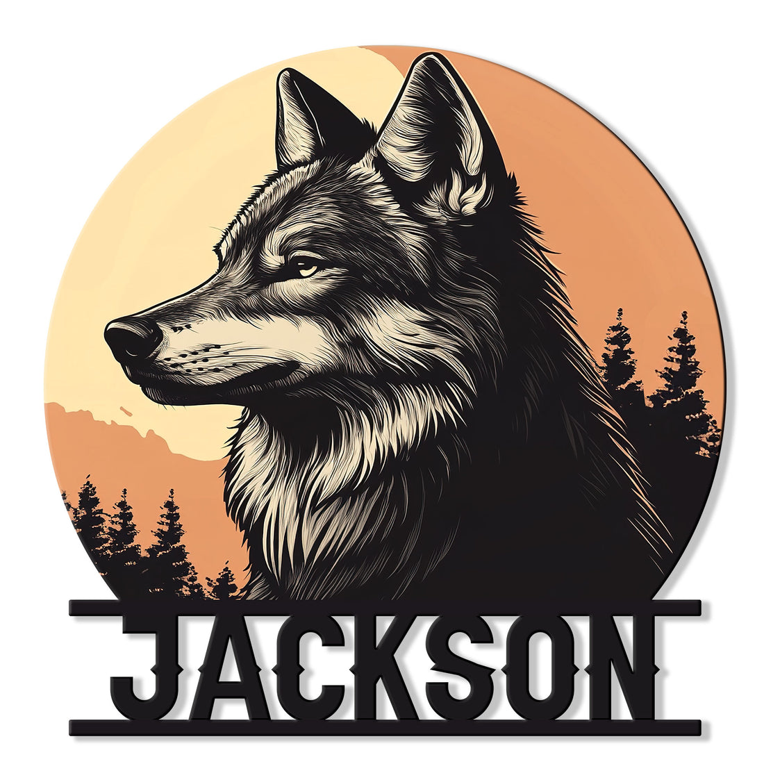 Round wolf metal sign featuring a detailed black and cream wolf portrait against a sunset and pine forest
