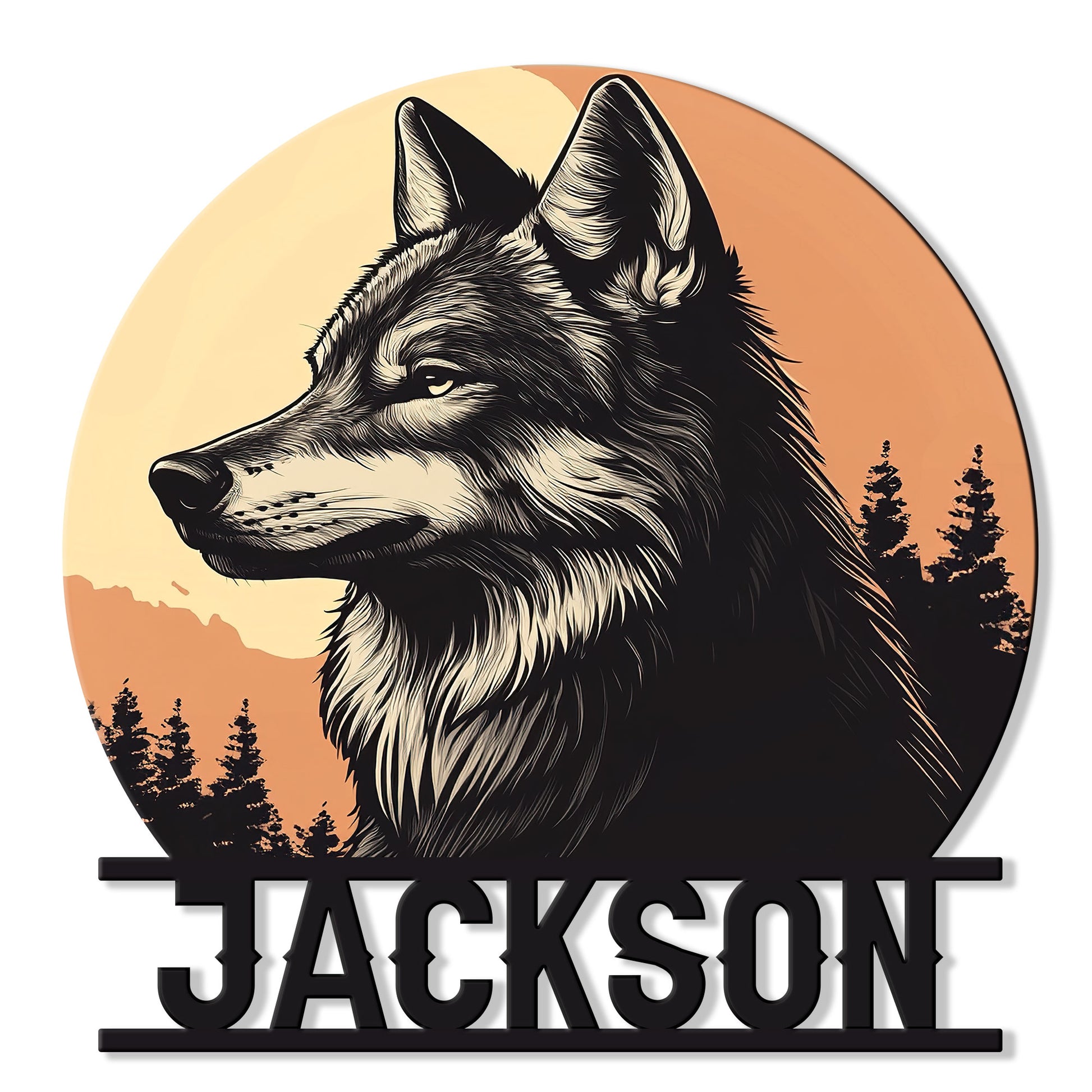 Round wolf metal sign featuring a detailed black and cream wolf portrait against a sunset and pine forest