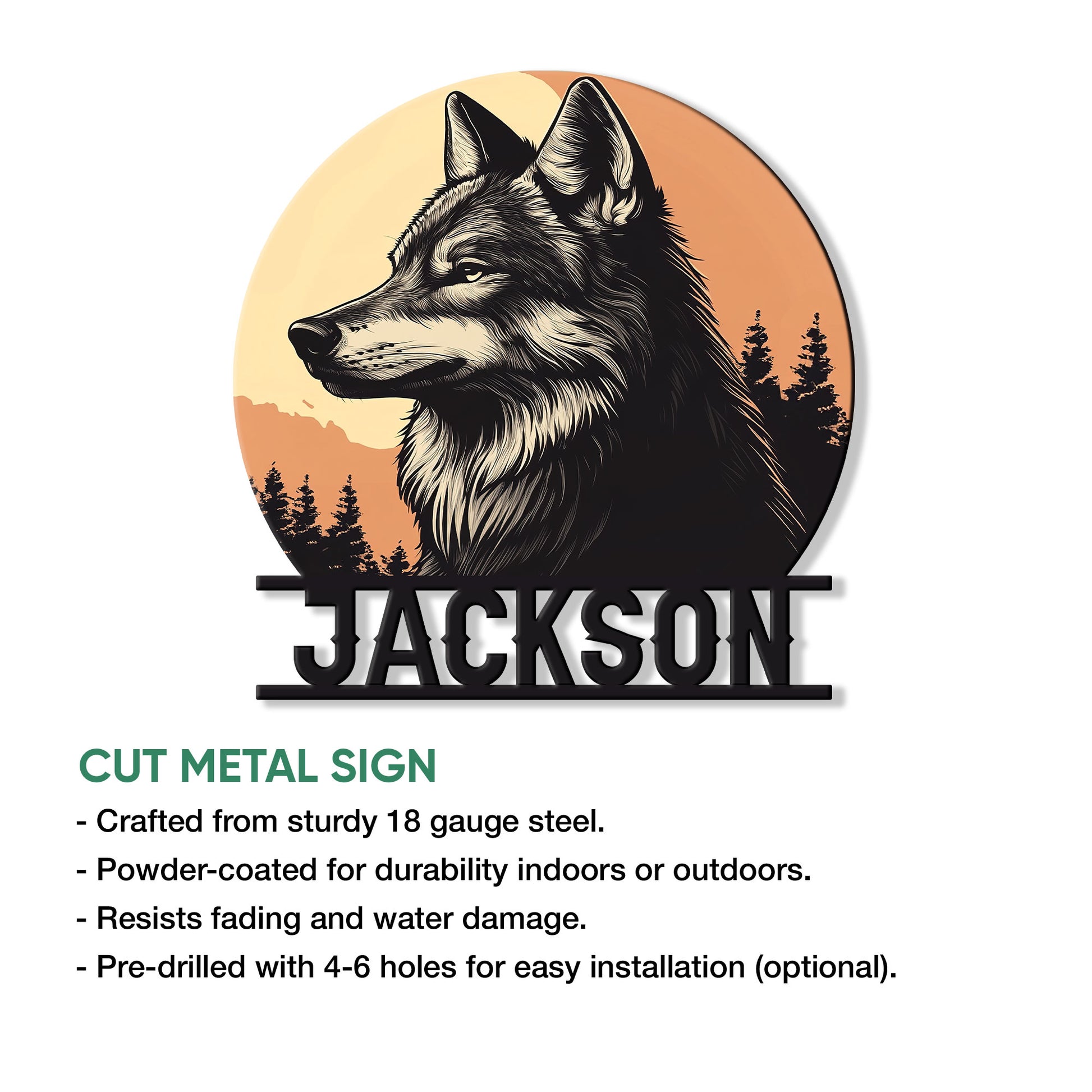 Wolf cut metal sign shown with a circular forest sunset design and product feature information