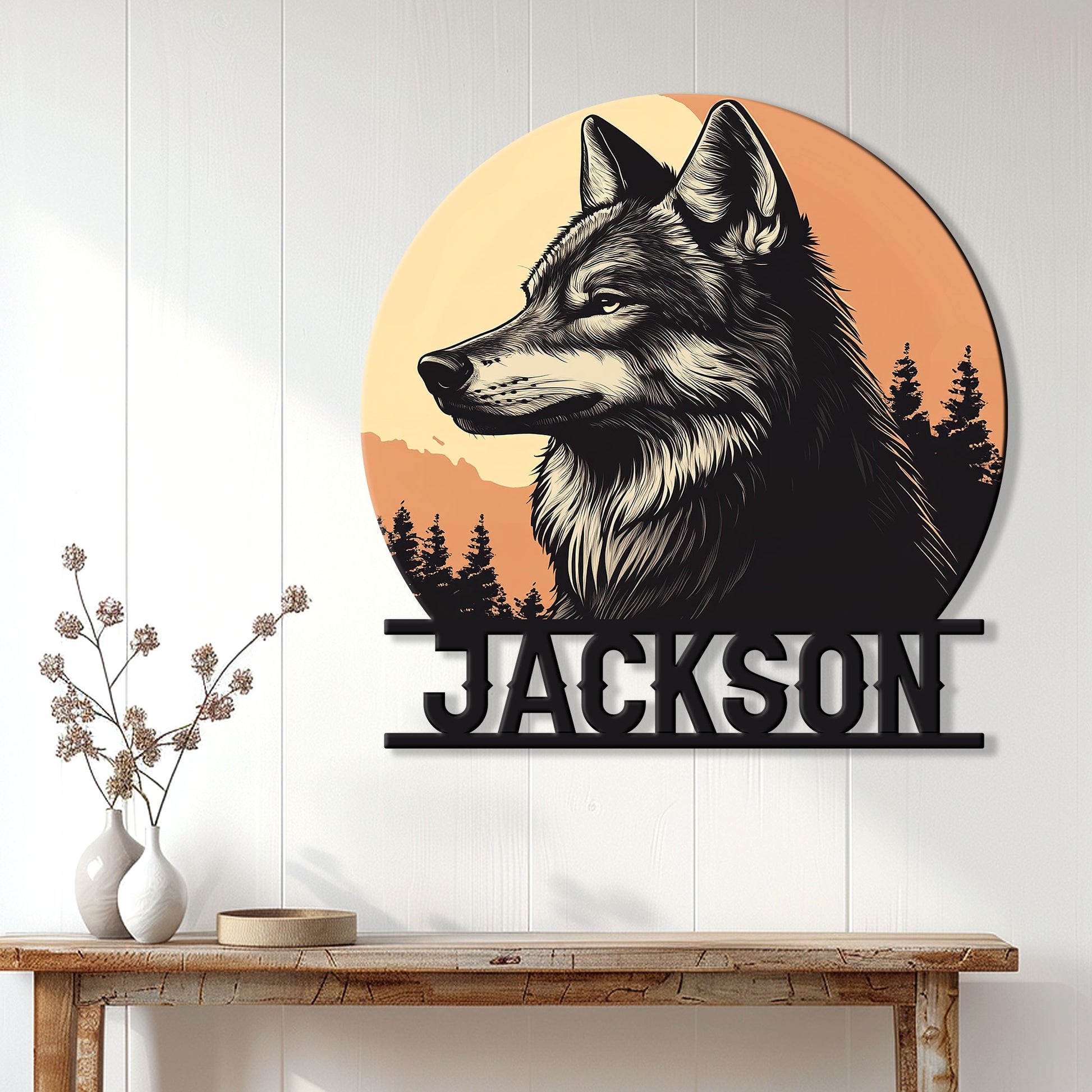 Wolf wall sign displayed above a console table in a bright modern home interior