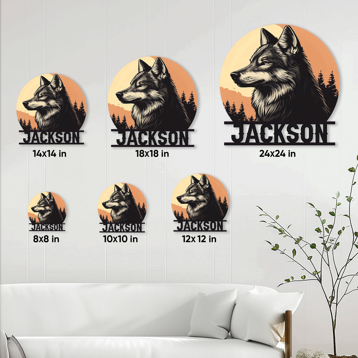 Wolf metal sign size guide showing display options from 8 by 8 inches to 24 by 24 inches