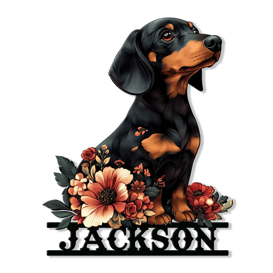 Floral Dachshund metal sign featuring a black and tan wiener dog surrounded by colorful flowers