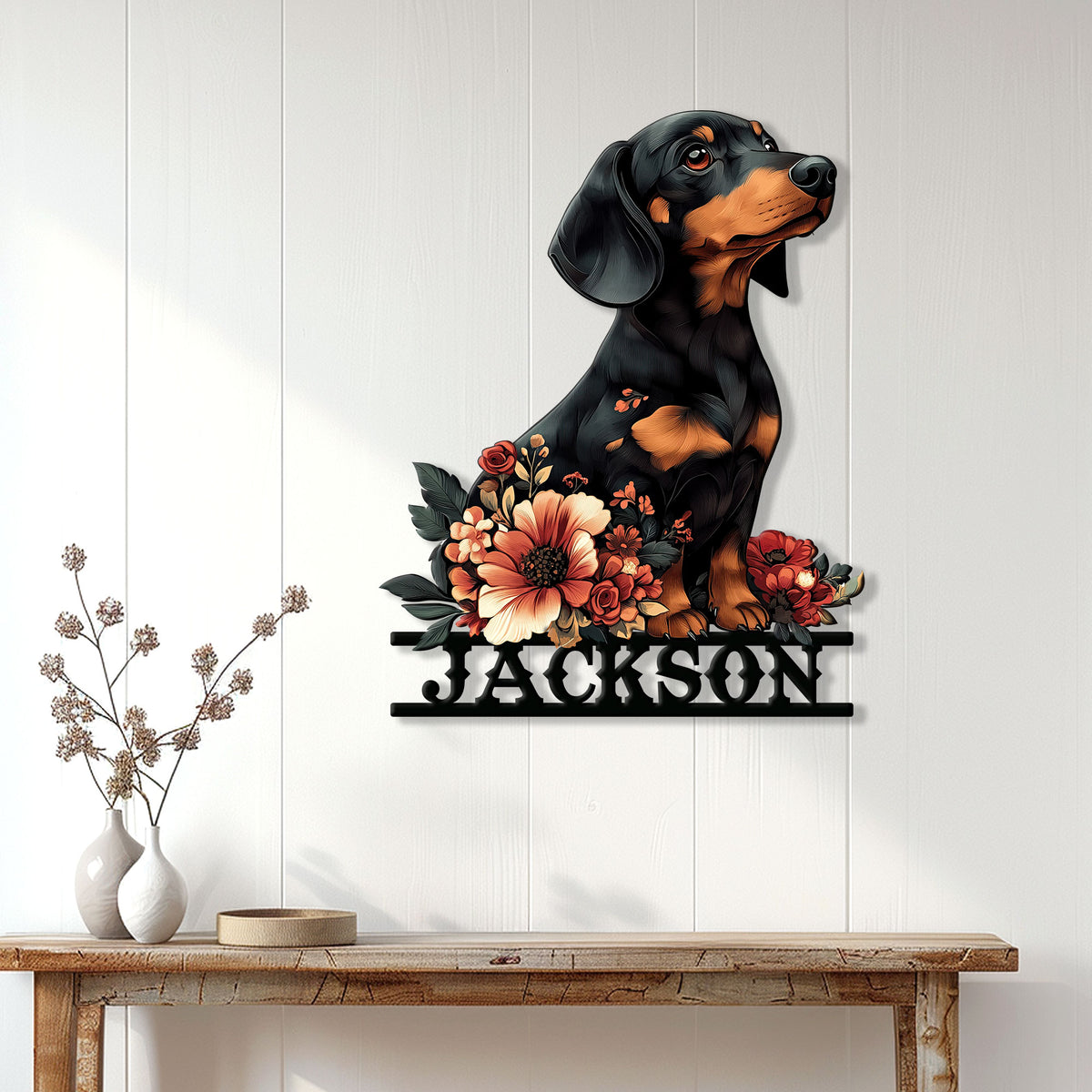 Floral Dachshund metal wall sign displayed on a light paneled wall above a wood console table