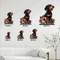 Floral Dachshund metal sign size guide showing options from 8 by 8 inches to 24 by 24 inches