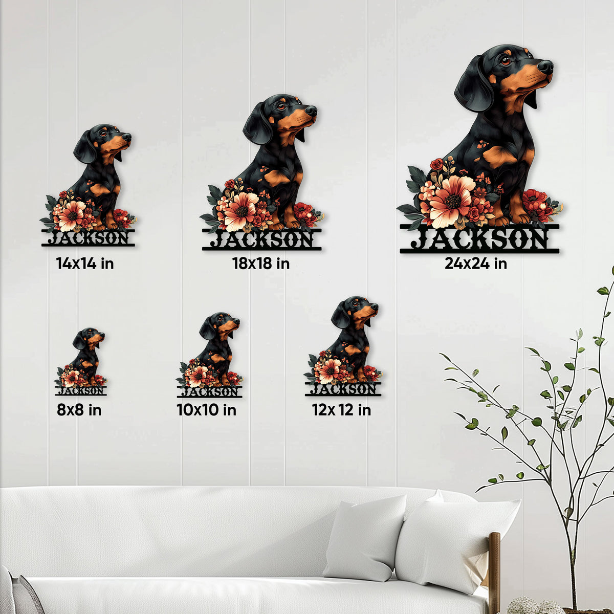 Floral Dachshund metal sign size guide showing options from 8 by 8 inches to 24 by 24 inches