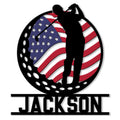 Patriotic golf metal sign featuring a golfer silhouette against an American flag design
