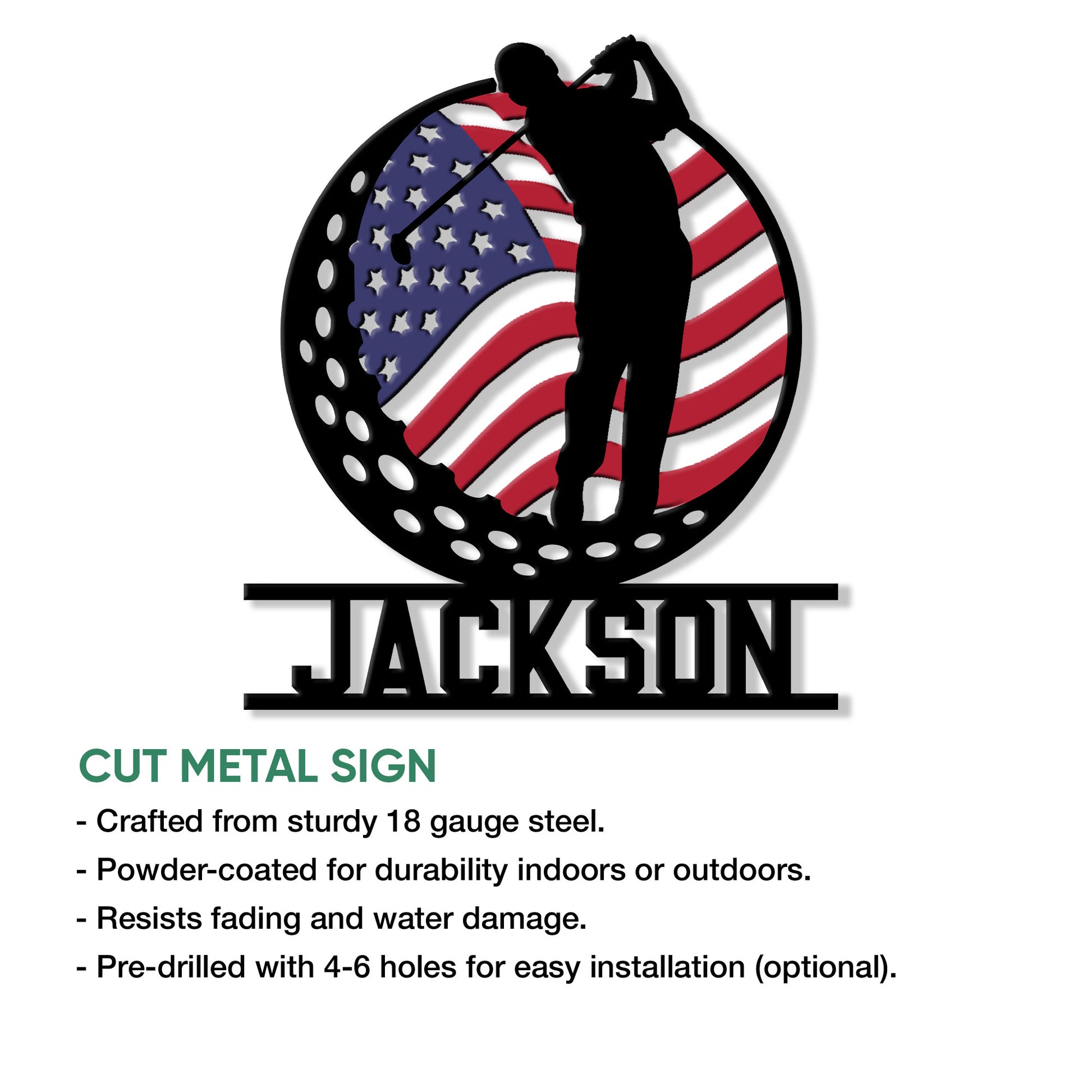 Golf metal sign with a bold golfer silhouette and patriotic American flag artwork