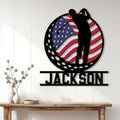 Patriotic golfer wall decor displayed above a console table in a bright home interior