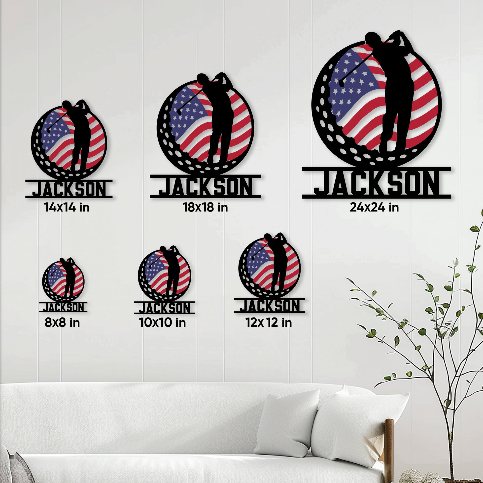 Golf metal sign size guide showing available square sizes from 8 by 8 to 24 by 24 inches