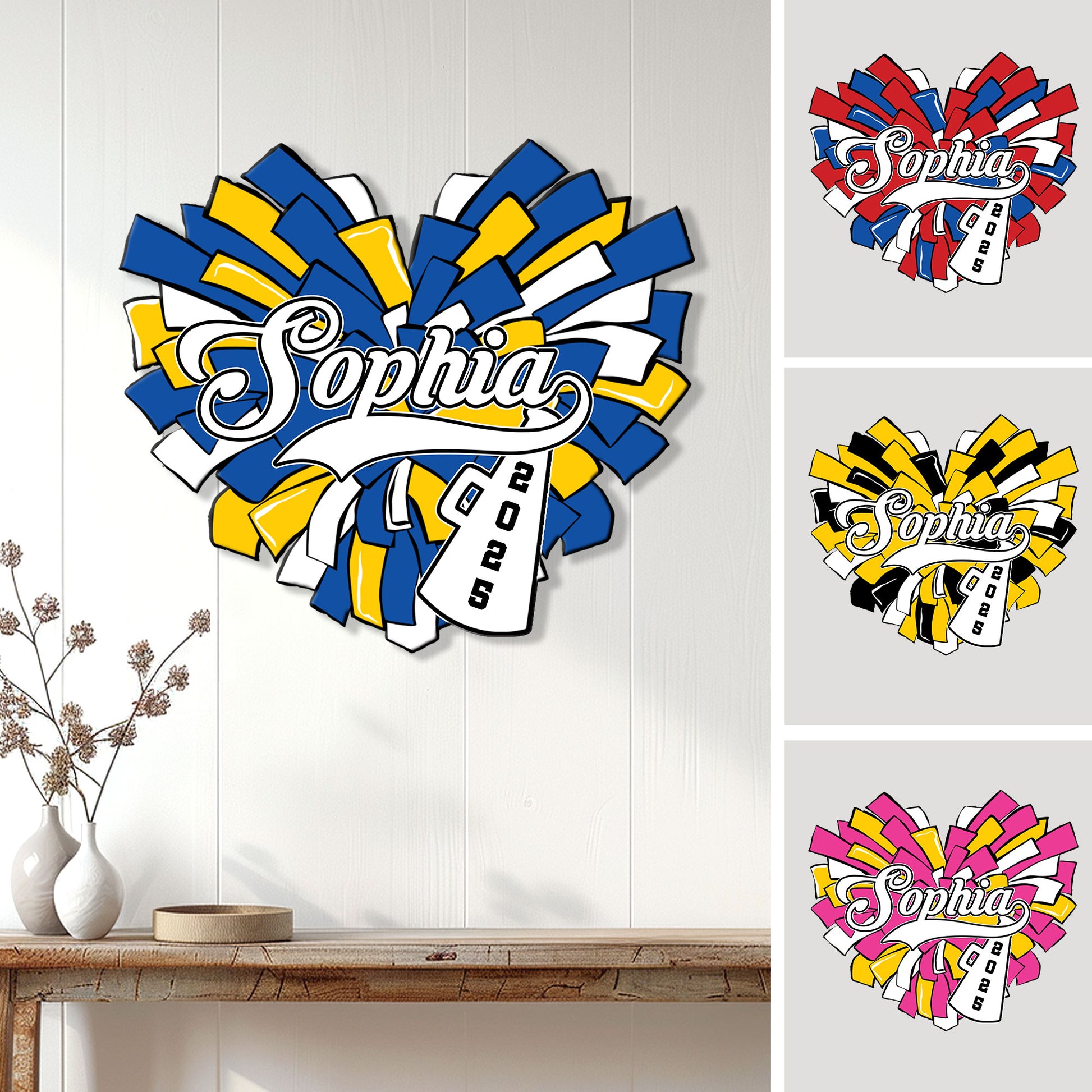 Cheerleading metal sign displayed on a wall with colorful pom poms and multiple design color options