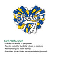 Cut metal cheerleading sign featuring layered blue, yellow, and white pom poms