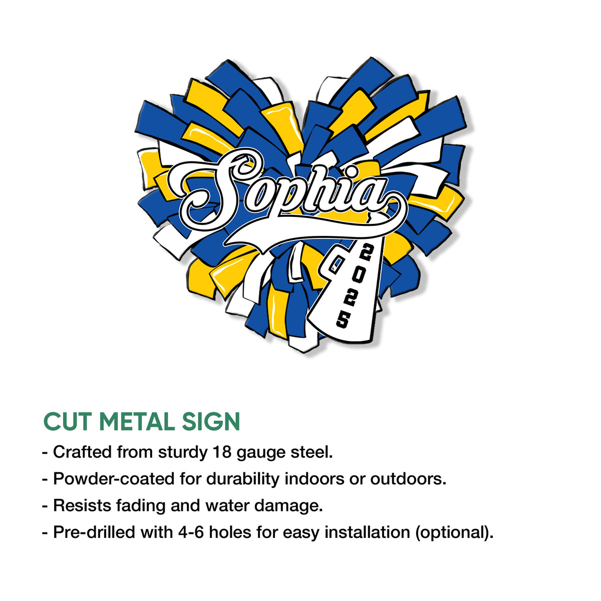 Cut metal cheerleading sign featuring layered blue, yellow, and white pom poms