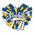 Close-up cheerleading wall sign with bold script styling and a colorful pom pom design