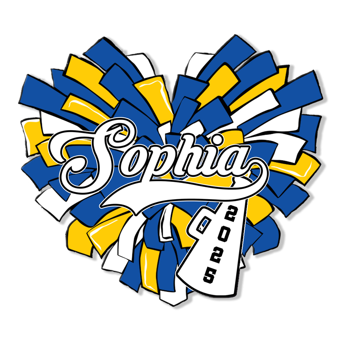 Close-up cheerleading wall sign with bold script styling and a colorful pom pom design