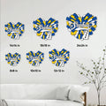 Cheerleading metal sign size guide showing six square size options in a home setting