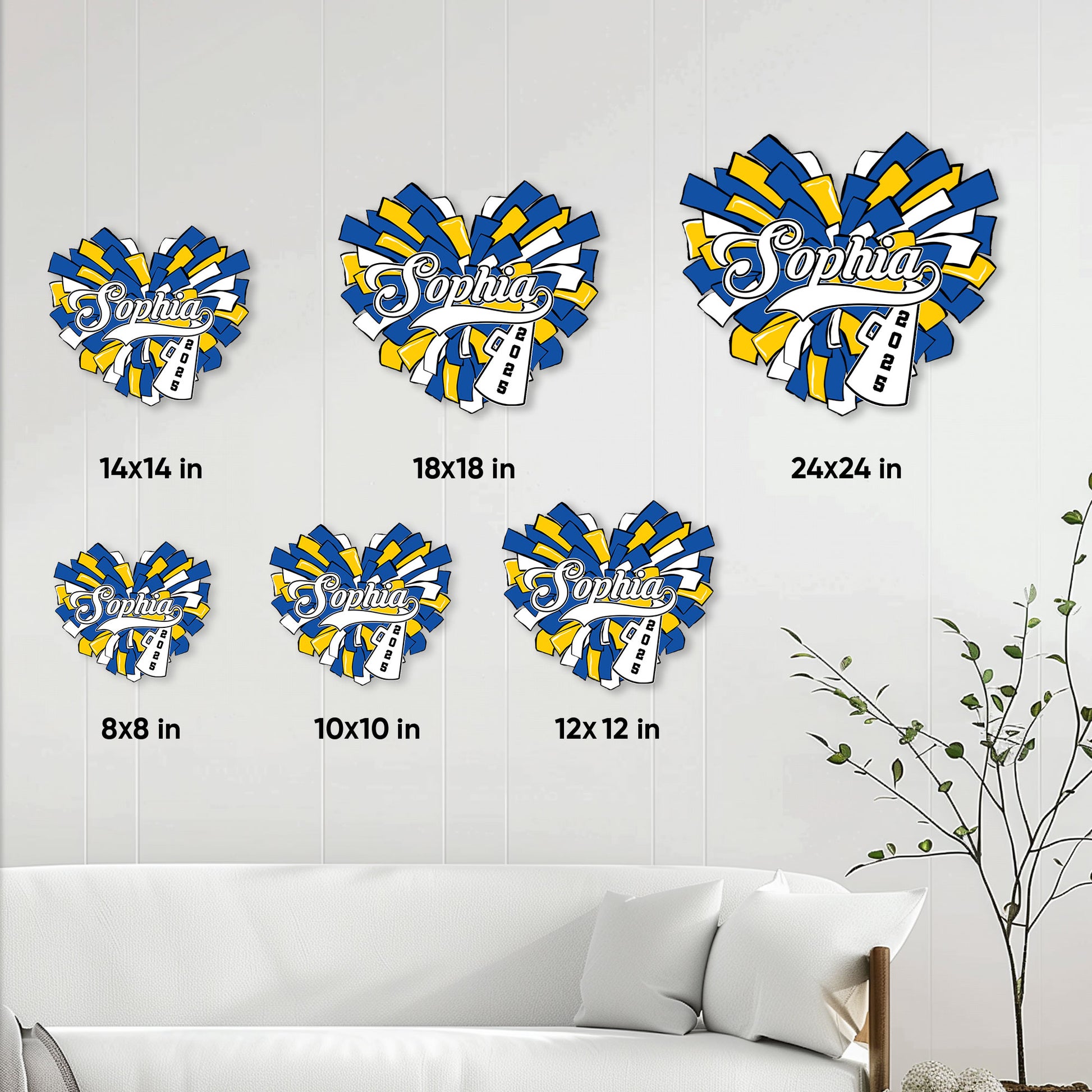 Cheerleading metal sign size guide showing six square size options in a home setting