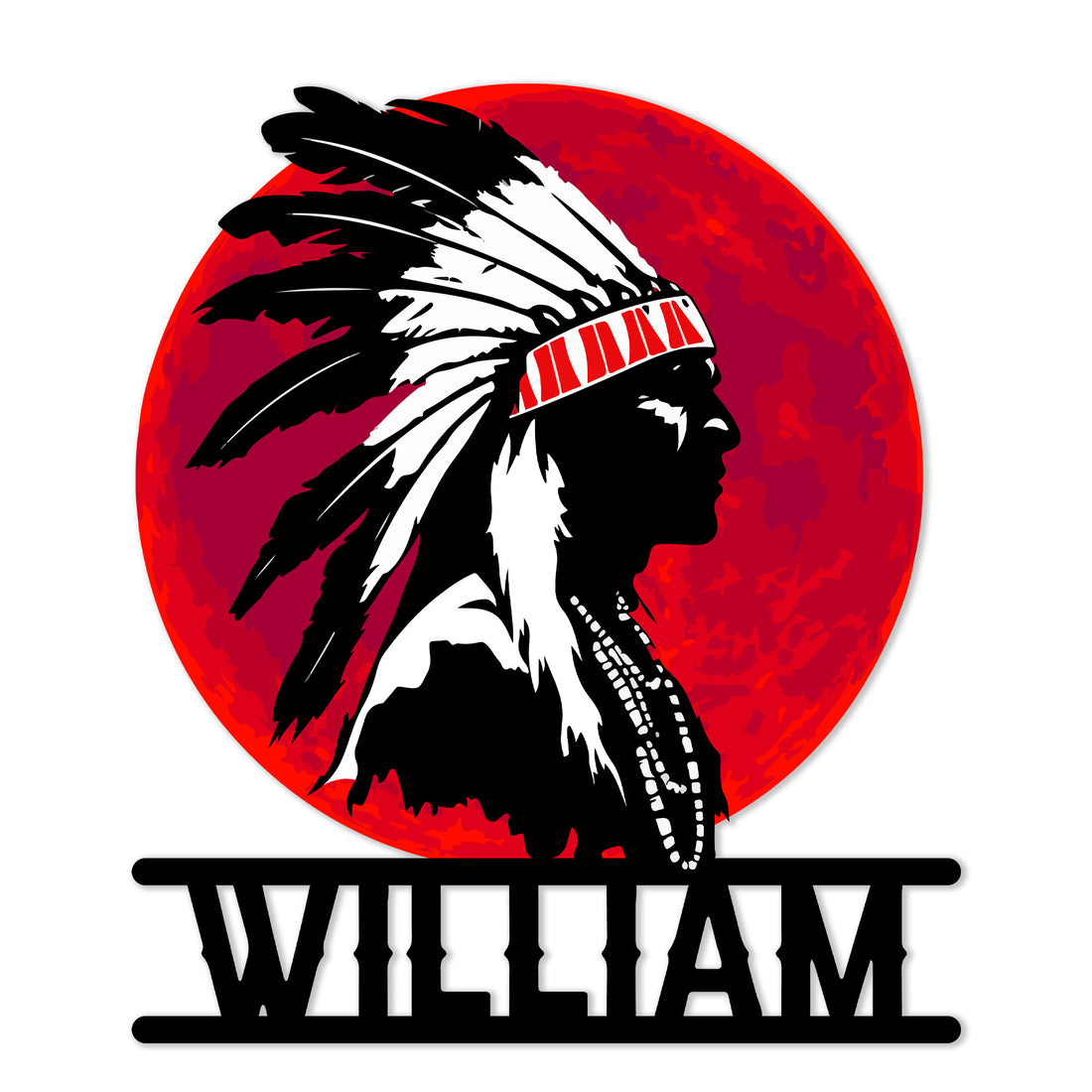 Custom Native American metal sign featuring a bold profile portrait with a feathered headdress and red circular backdrop