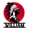Custom Native American metal sign featuring a bold profile portrait with a feathered headdress and red circular backdrop