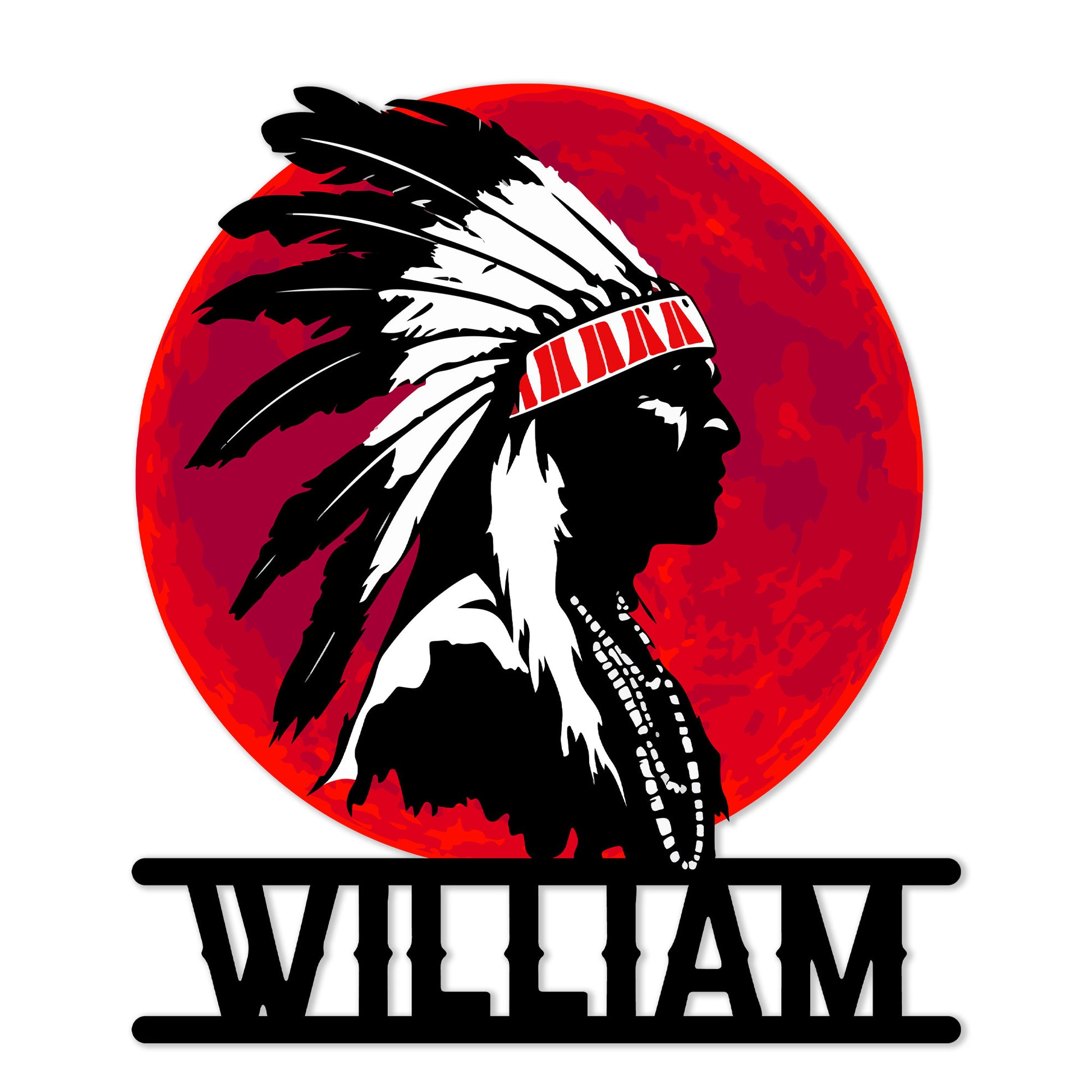 Custom Native American metal sign featuring a bold profile portrait with a feathered headdress and red circular backdrop
