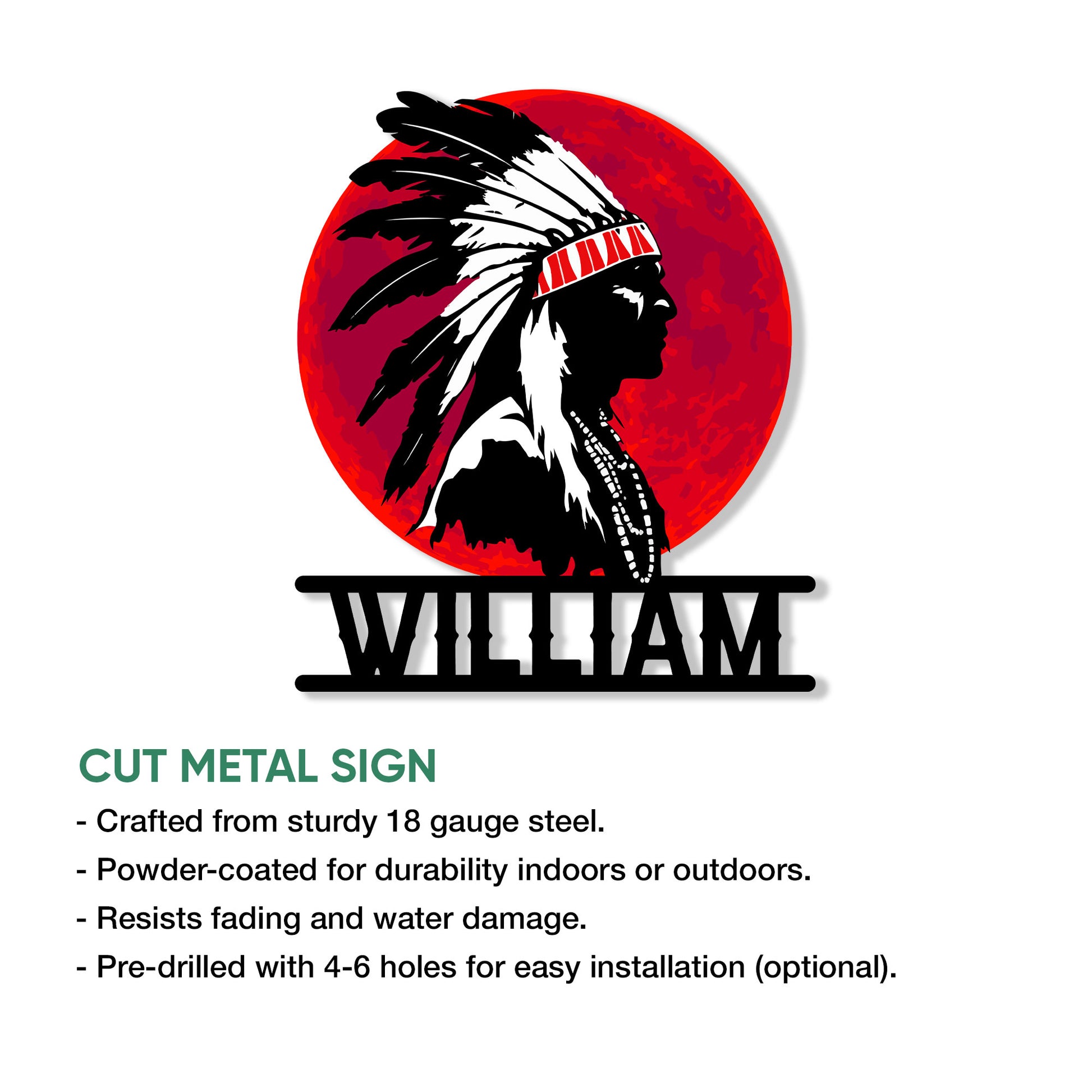 Native American metal sign product graphic showing the portrait design and visible cut metal sign features