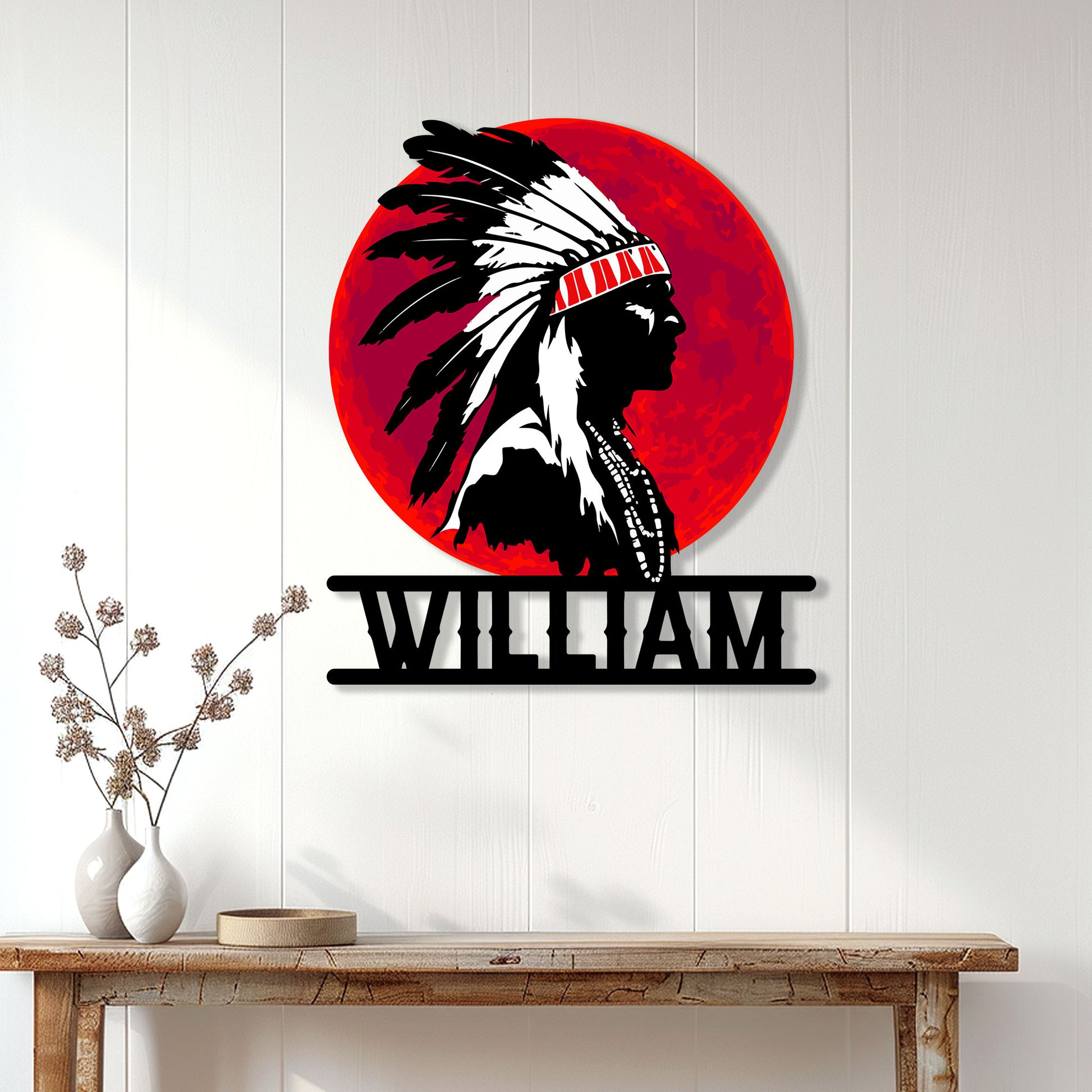 Native American profile metal sign displayed as striking wall decor above a rustic console table