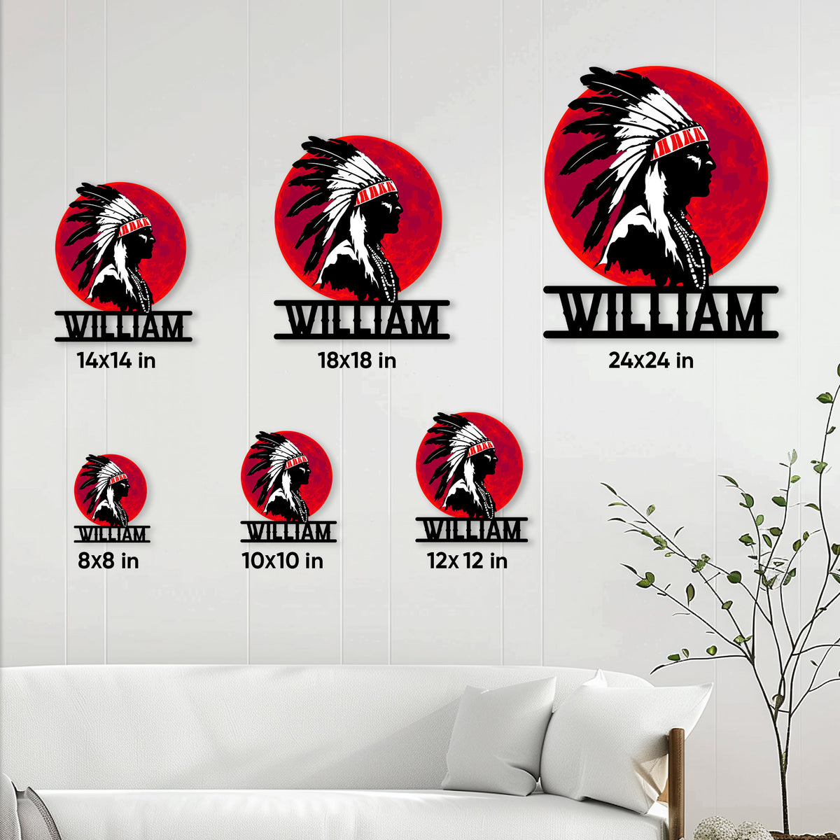 Native American metal sign size guide showing available square sizes from 8x8 to 24x24 inches
