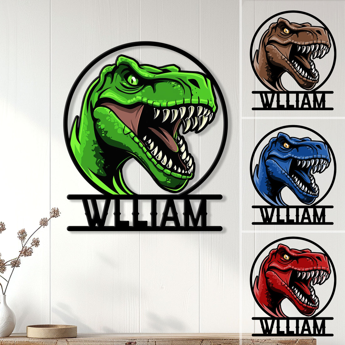 Custom dinosaur metal sign displayed in a home with a bold green Tyrannosaurus design and color examples