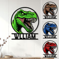 Custom dinosaur metal sign displayed in a home with a bold green Tyrannosaurus design and color examples