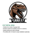 Tyrannosaurus dinosaur metal sign shown front-facing with a dramatic open-mouth design