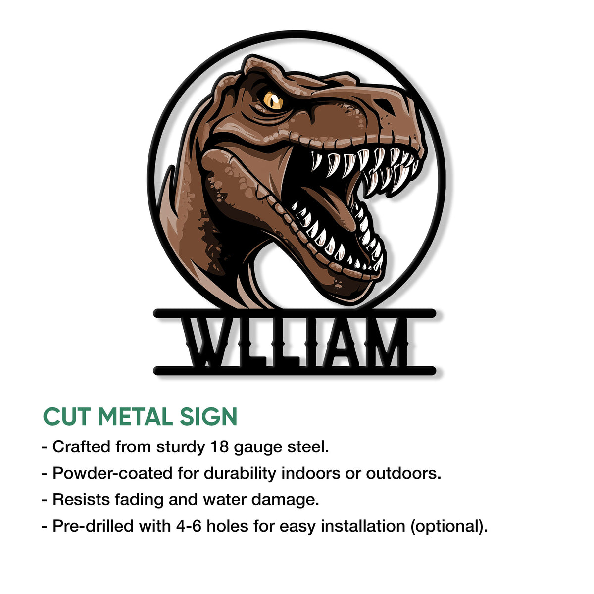Tyrannosaurus dinosaur metal sign shown front-facing with a dramatic open-mouth design