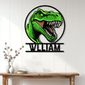 Green Tyrannosaurus metal wall sign styled in a bright modern home decor setting