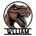 Close-up detail of a brown Tyrannosaurus head with sharp teeth on a round metal sign