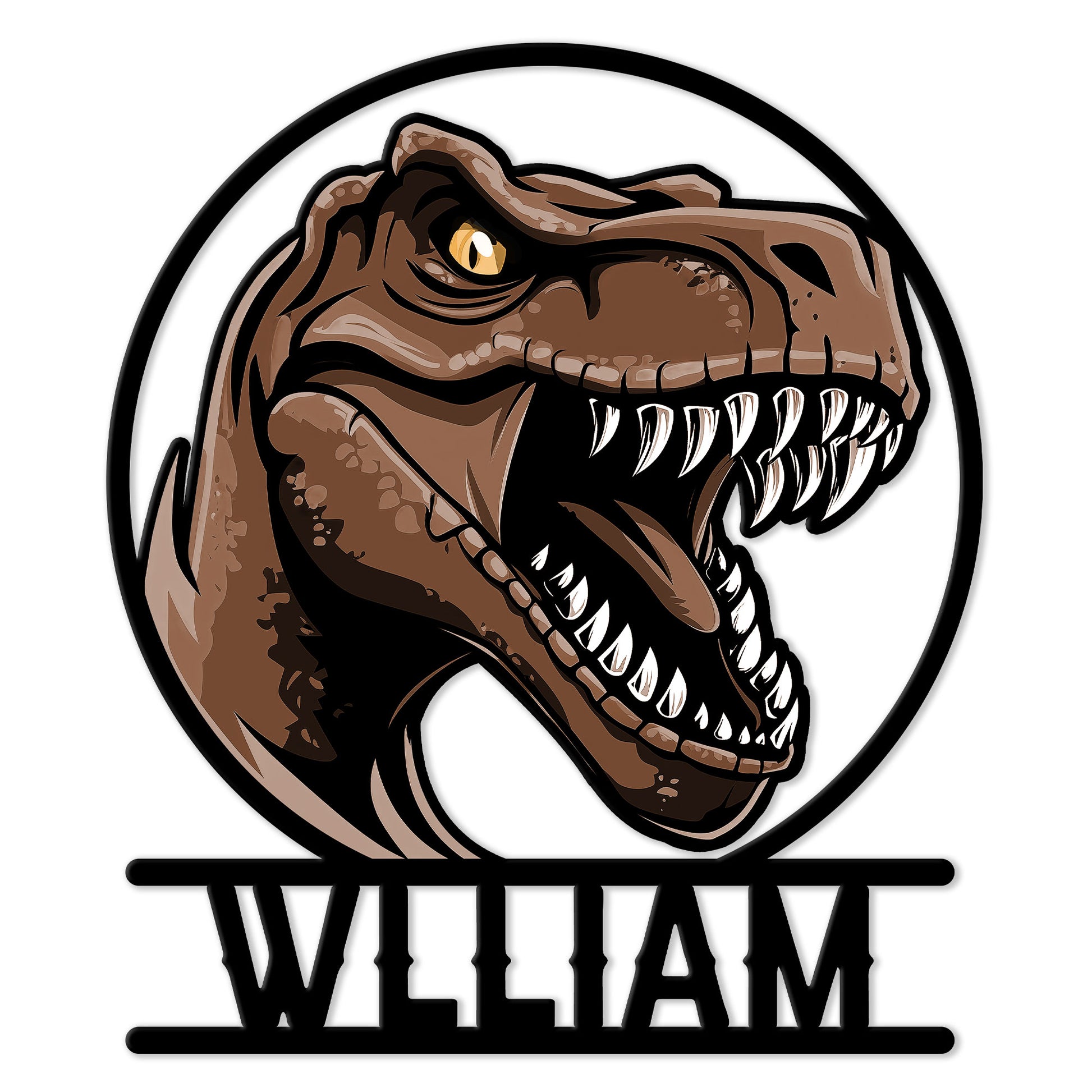 Close-up detail of a brown Tyrannosaurus head with sharp teeth on a round metal sign